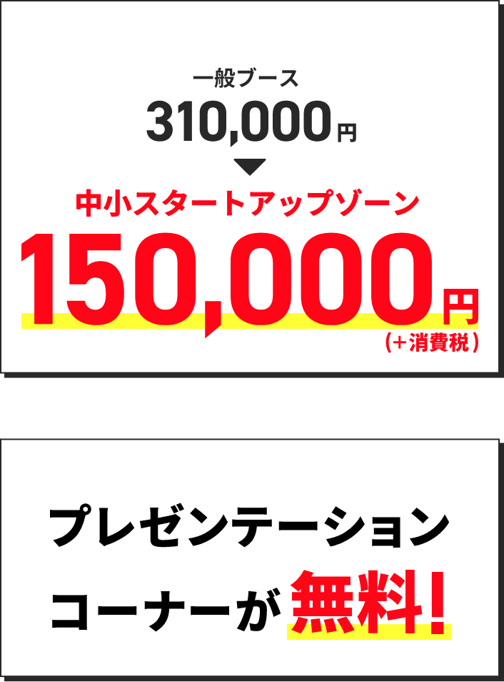 一般ブース/310,000円（＋消費税）▶中小・スタートアップゾーン150,000円（＋消費税）｜プレゼンテーションコーナーが無料！