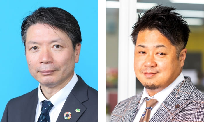 日立製作所の社会ビジネスユニットインフラ制御システム事業部の入江直彦シニアストラテジスト（＝左）と、HILLTOPの山本勇輝社長